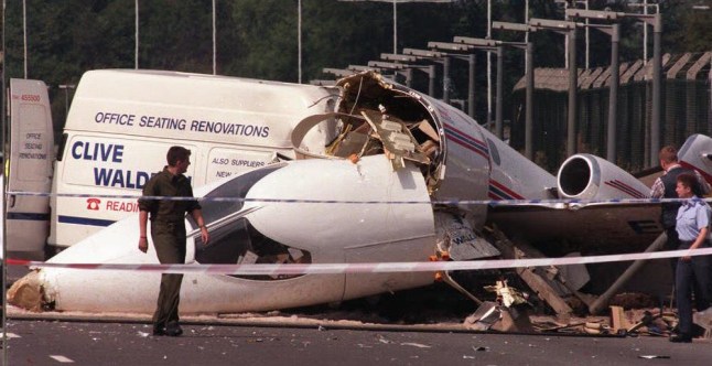 Library file 265049-2, dated 19.8.96. The scene after a Learjet flying in from Palma, Majorca, careered on to the A40 by RAF Northolt airfield in Middlesex. The Air Accident Investigation Branch report, issued today (Wed) concluded that the difficulty in the co-pilot's understanding the English air traffic control instructions led the captain to take on too heavy a workload as the aircraft came into land, resulting in the jet colliding with three approach light units, before bursting through the boundary fence and colliding with a Ford Transit van. See PA story AIR Northolt. Photo by Tim Ockenden/PA