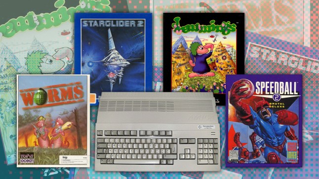 Amiga computer with copies of Starglider 2, Lemmings, Worms, and Speedball 2