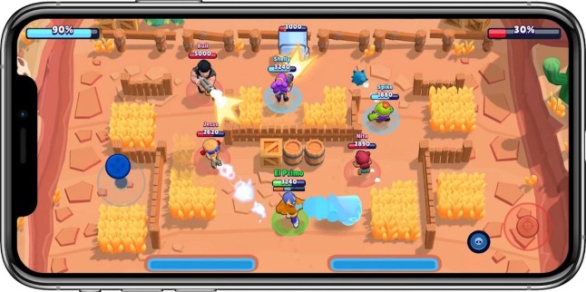 Brawl Stars gameplay on a mobile phone held horizontally