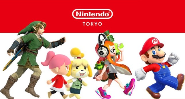 Nintendo characters from Mario, Animal Crossing, Splatoon and Zelda marching in line from left to right