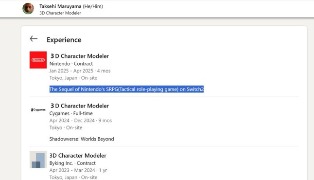 Screenshot of a LinkedIn profile of a 3D character modeller with a Nintendo credit