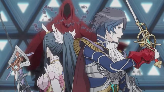 Tokyo Mirage Sessions two characters in fantasy armour standing back to back as a red hooded figure hovers in the background
