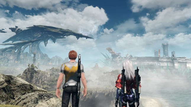 Xenoblade Chronicles X two characters staring at horizon on an alien planet