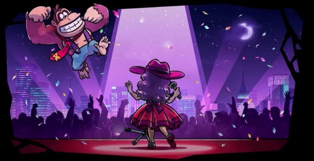 Artwork at the end of Donkey Kong Bananza showing Pauline singing