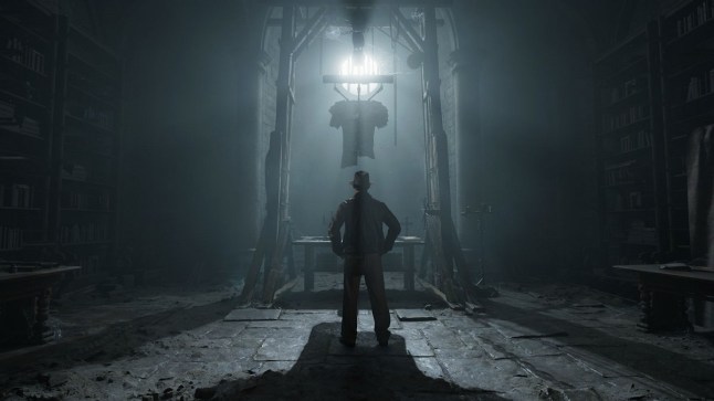 Indiana Jones silhouetted in a dark room like looking at a shadowy structure