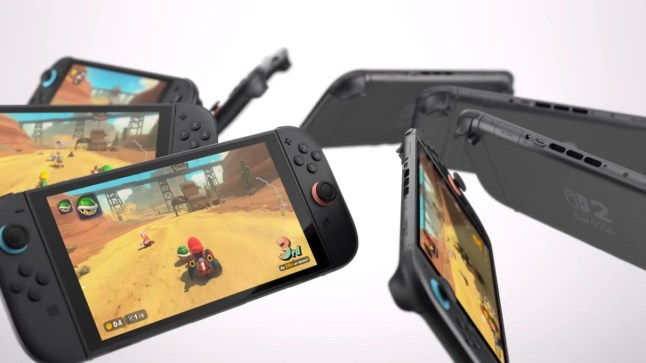 Nintendo Switch 2 consoles swirling in a circle while displaying Mario Kart World on their screens