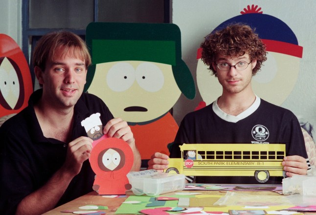 South Park creators Trey Parker (left) and Matt Stone at their studio office, Los Angeles, California, August 19, 1997 . (Photo by Bob Riha, Jr./Getty Images)