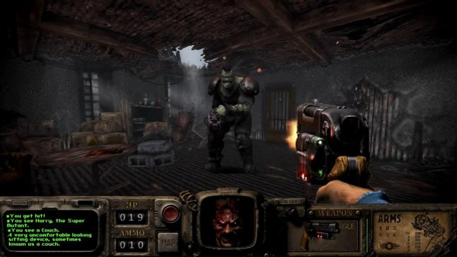 Fallout Bakersfield first person gameplay of player character firing a gun at large mutant